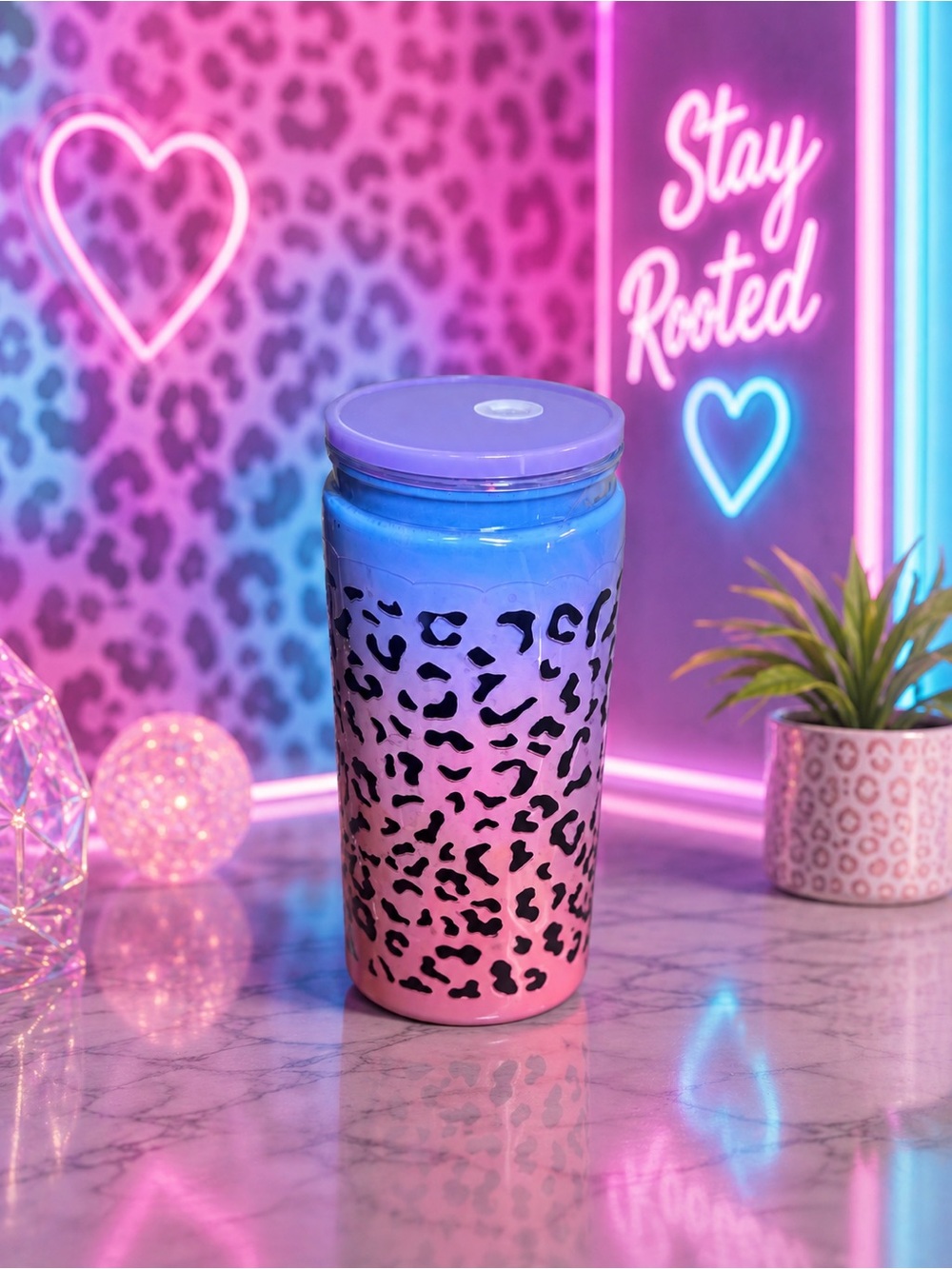 Neon Dreams Leopard Glow – 16 oz Acrylic Snow Globe Tumbler